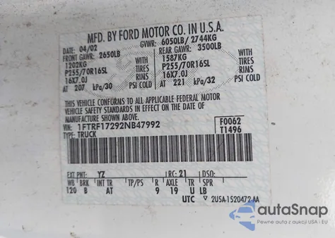 2002 Ford F150 Xl/Xlt from USA, damaged, VIN 1FTRF17292NB47992